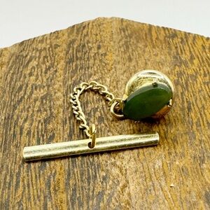 Vintage MCM jadeite oval stone  gold tone tie tack pin